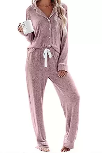 Aamikast Women s Two-piece Classic knit Pajama Sets Long Sleeve Button Down Sleepwear (XL, Pink)