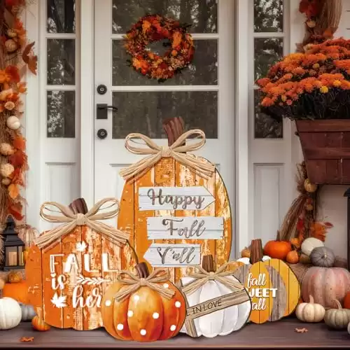 GlikCeil 5 Pcs Fall Decorations for Home Large Thanksgiving Outdoor Wood Pumpkin Porch Standing Fall Decor Thanksgiving Decorations Welcome Pumpkin Sign for Home Front Door Kitchen Garden(Happy Fall)