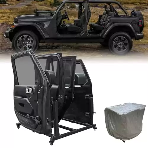 SUNPIE Sliding Door Storage Hanger Rack with Dust Cover Movable Car Door Holder Cart Compatible with 2007-2024 Wrangler JK JKU JL Gladiator