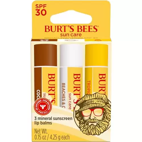 Burt s Bees SPF 30 Lip Balm Mothers Day Gifts for Mom, Island Getaway Coco Loco, Beaches & Cream, Tropic Like It s Hot, Water-Resistant Sun Care, Natural Origin Lip Treatment, 3 Tu...