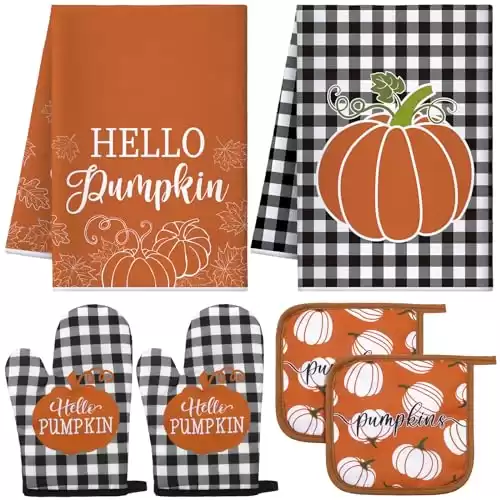 Leinuosen 6 Pack Fall Thanksgiving Kitchen Set with 2 Pcs Kitchen Pumpkin Dish Towel 2 Pcs Pumpkin Pot Holder and 2 Pcs Pumpkin Oven Mitt for Thanksgiving Kitchen Gifting Baking Cooking Accessories