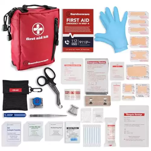 Surviveware Comprehensive Premium Survival First Aid Kit Emergency Medical Kit for Travel Camping Gear, Home Essentials and Outdoor Emergencies Small, Red