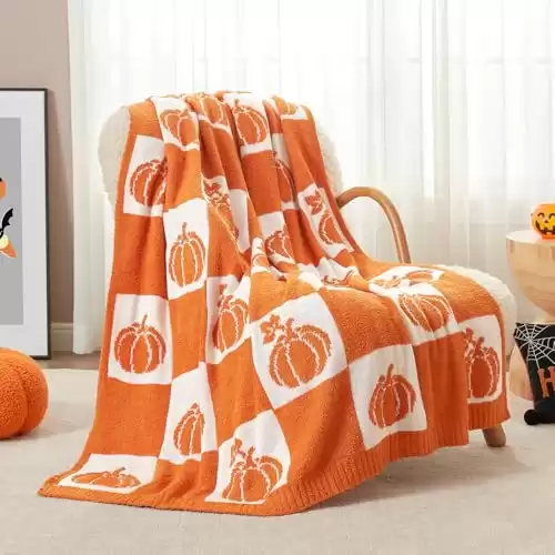 Snuggle Sac Fall Checkered Blanket Orange Pumpkin Throw