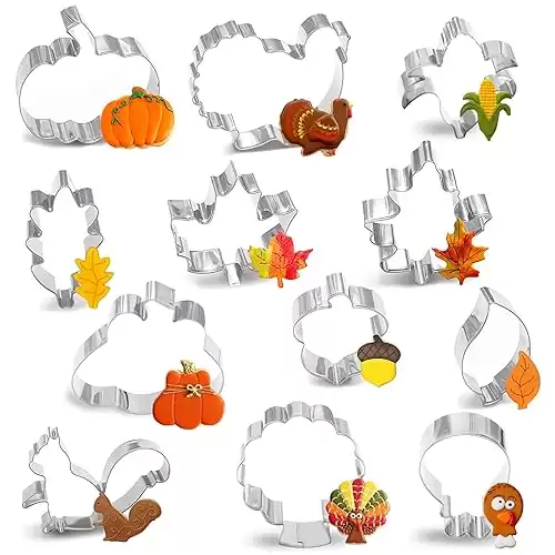 12PCS Large Fall Thanksgiving Cookie Cutter Set Turkey,Pumpkin,Maple/Oak/Teardrop Leaf,Squirrel, Acorn,Corn,and Turkey Leg