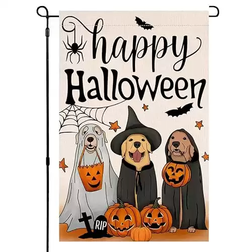 Happy Halloween Dog Pumpkin Garden Flag 12 18 Double Sided for Outside, Golden Retriever Fall Autumn Witch Hat Small Burlap Yard Flag for Outdoor Holiday Home Decor