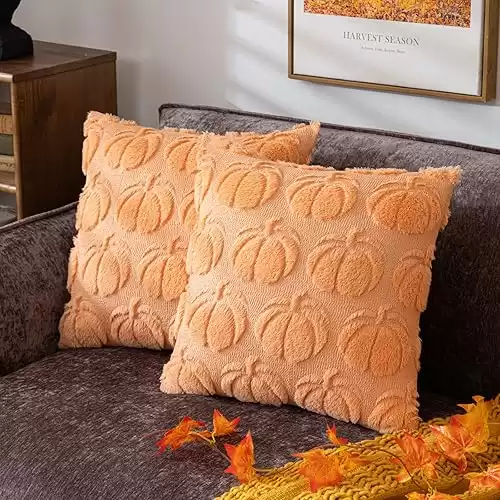 Pumpkin Fall Decorative Throw Pillow Covers 18"x18", Set of 2 Light Gold Soft Faux Fur Pillow Covers for Autumn Harvest, Fluffy Plush Accent Pillow Cases for Farmhouse Couch Cushion Covers