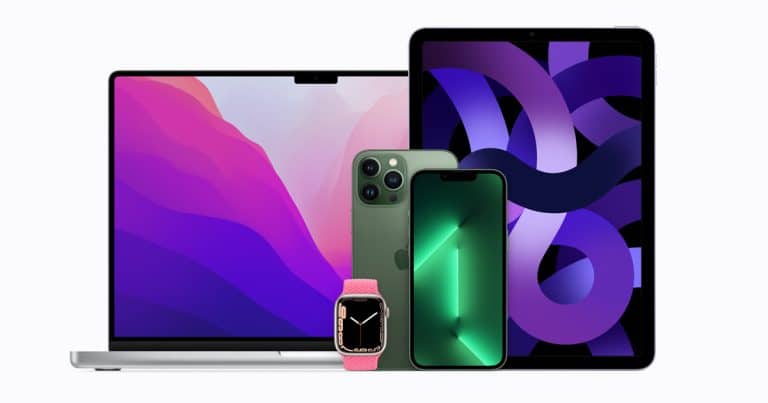 An assortment of Apple products including a MacBook with a colorful screen, an iPad with a purple background, a green iPhone, and a gold Apple Watch with a pink band, all showcased against a white background.