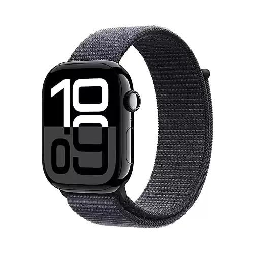 Apple Watch Series 10 [GPS 46mm case] Smartwatch with Jet Black Aluminium Case with Ink Sport Loop. Fitness Tracker, ECG App, Always-On Retina Display, Carbon Neutral